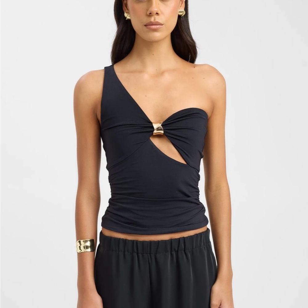 Kookai Black One-Shoulder Top with Gold Accent